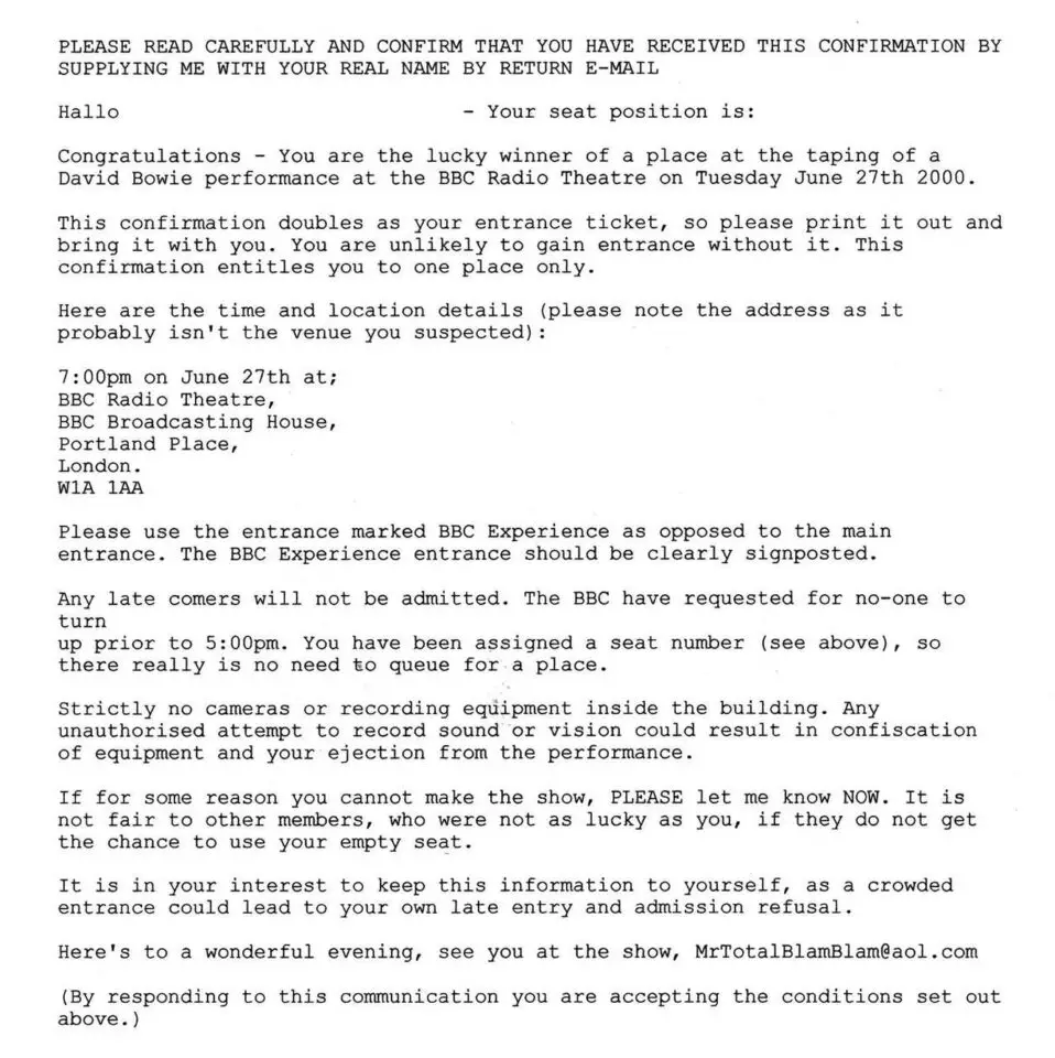 Email invitation to David Bowie's BBC Radio Theatre concert, 27 June 2000