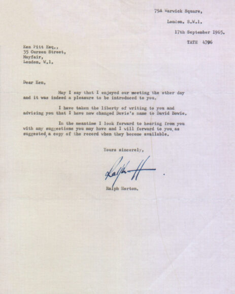 Letter from Ralph Horton to Kenneth Pitt revealing Davie Jones's new name David Bowie, 17 September 1965