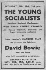 Advertisement for David Bowie and the Buzz, Crawley Boys' Club, 19 February 1966