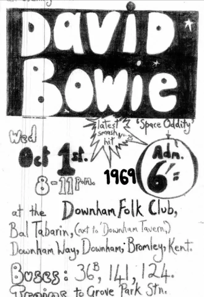 Flyer for David Bowie's appearance at the Downham Folk Club, Bromley, 1 October 1969