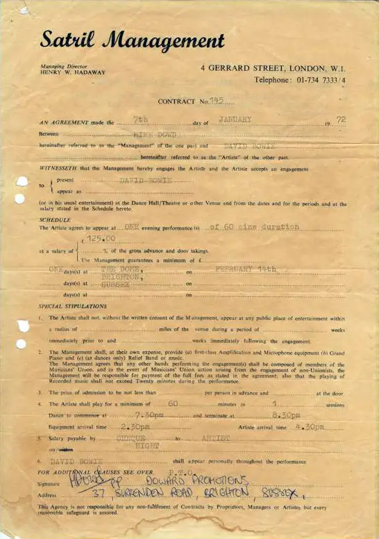 Contract for David Bowie's show at Brighton Dome, 14 February 1972