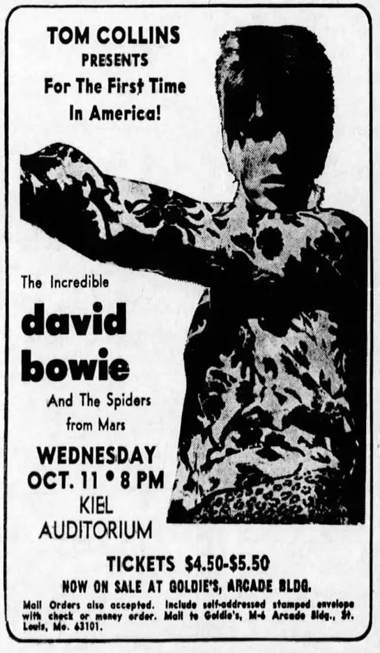 Poster for David Bowie at Kiel Auditorium, St Louis, Missouri, 11 October 1972