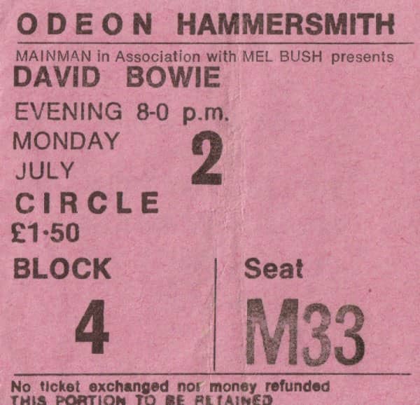 Ticket for David Bowie at the Hammersmith Odeon, London, 2 July 1973