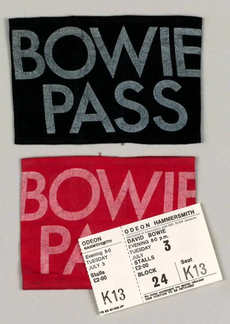 Ticket and backstage passes for David Bowie at the Hammersmith Odeon, London, 2 July 1973