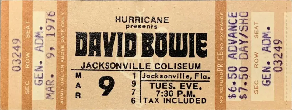 Ticket for David Bowie in Jacksonville, Florida, 9 March 1976
