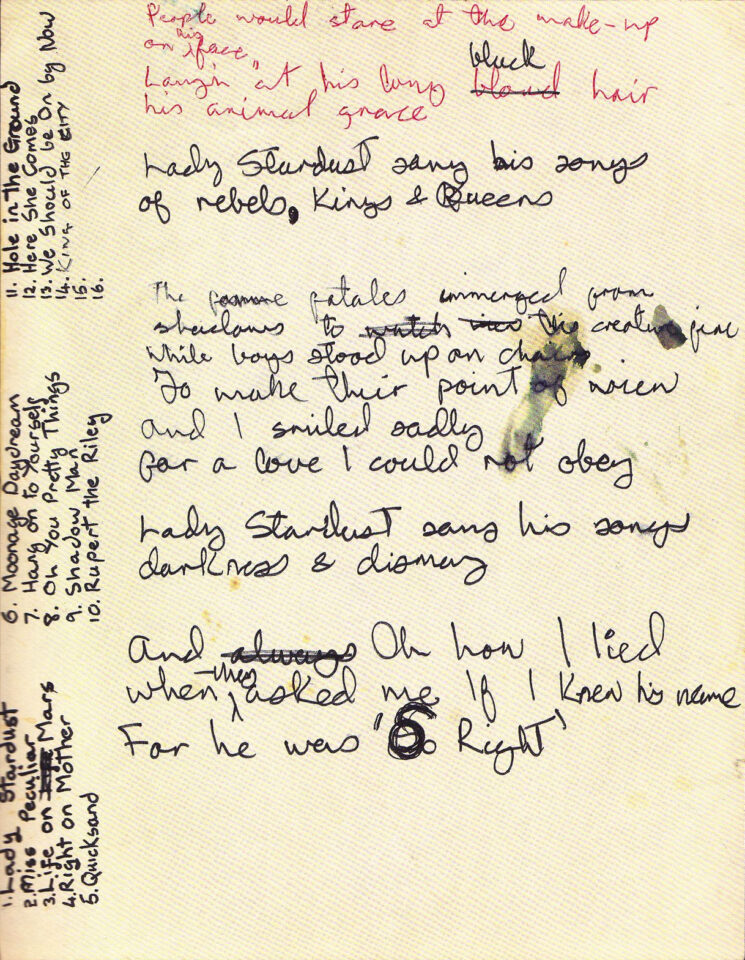 David Bowie’s handwritten lyrics for Lady Stardust