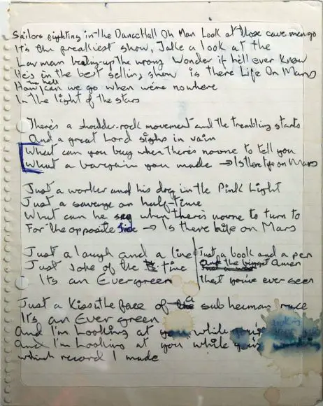 David Bowie's handwritten lyrics for 'Life On Mars?'