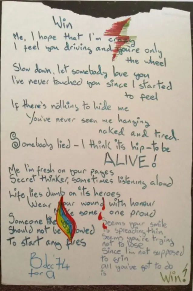 David Bowie’s handwritten lyrics for Win