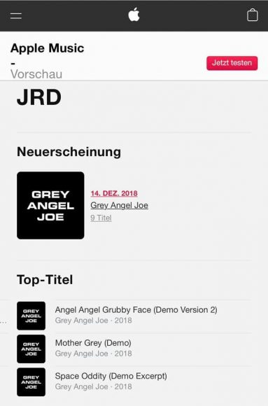 Spying Through A Keyhole tracks on Apple Music, credited to Grey Angel Joe, December 2018